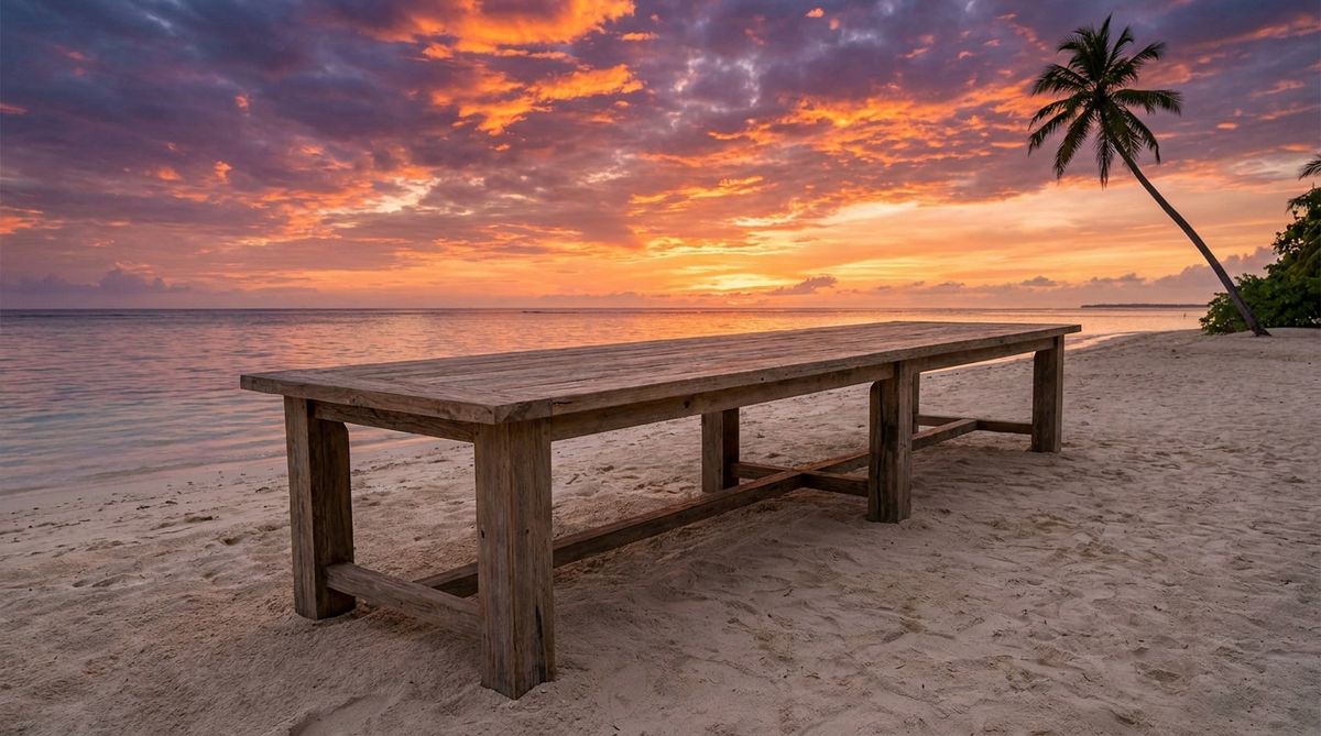 A wooden table on a beach at sunset