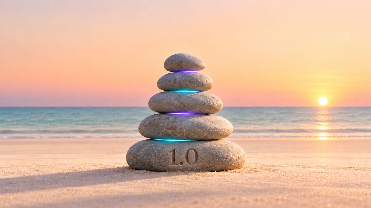 A stack of five stones on a beach at sunrise, with 1.0 carved into the bottom stone