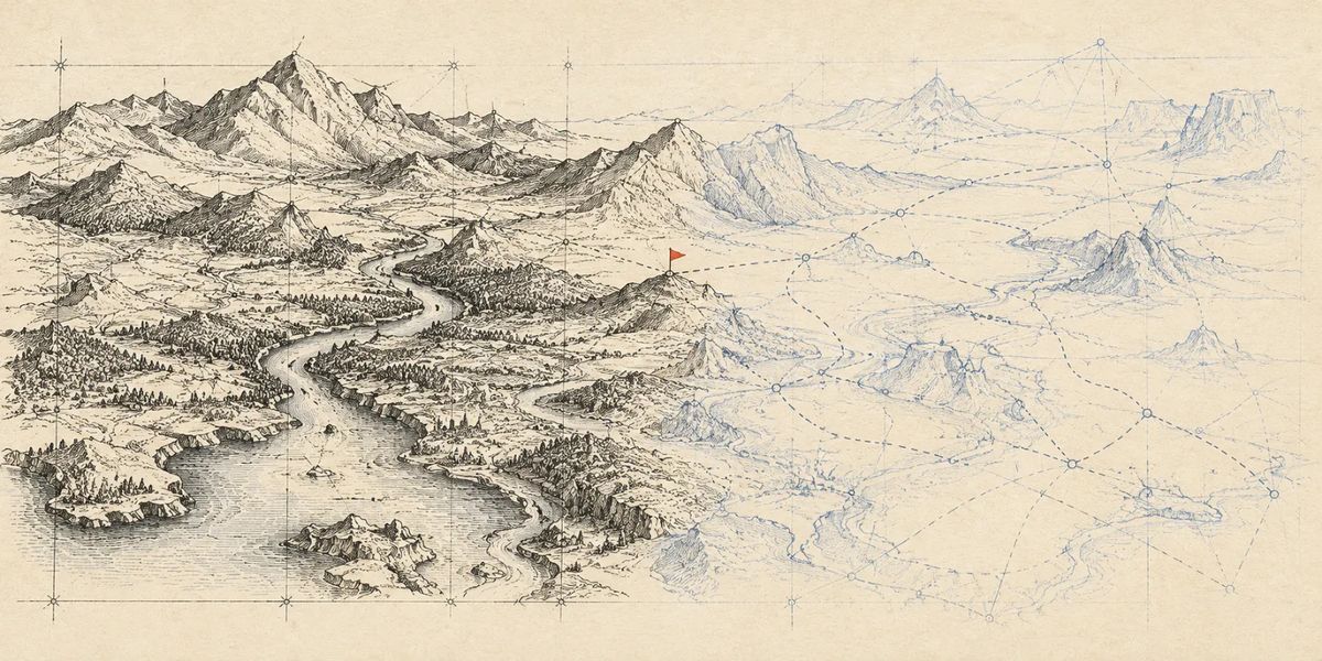 A map transitions from detailed mountain terrain to blue outlines and unexplored paths, with a red flag marking a summit.