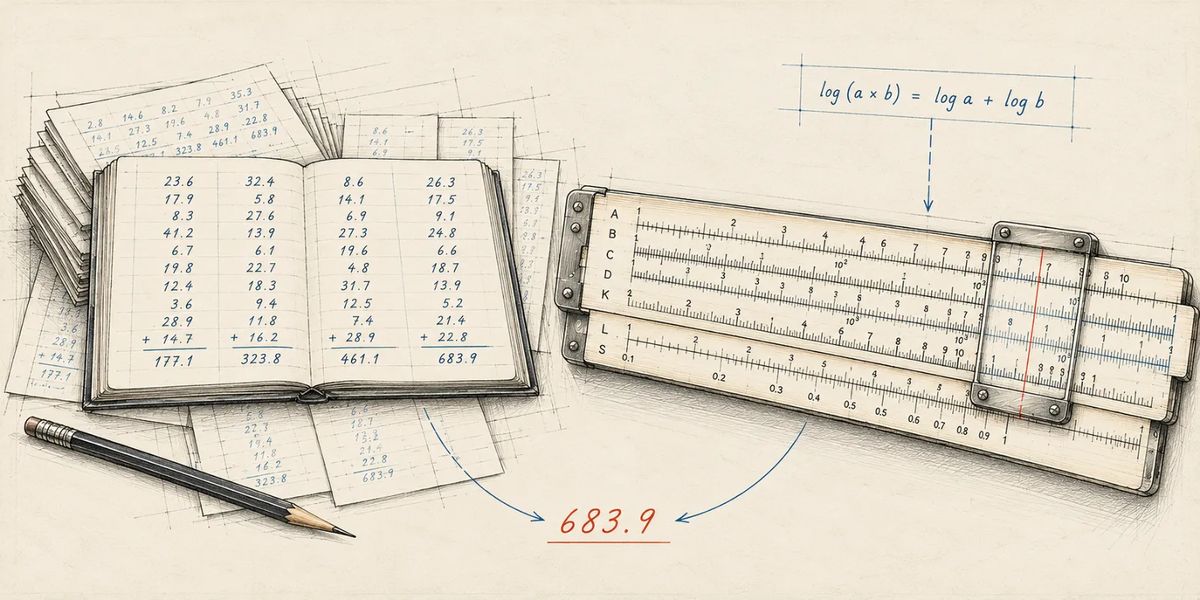 An open book of numerical tables beside a slide rule, with arrows pointing to the same result.