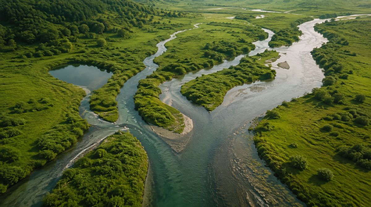 A meandering river flows, its tributaries joining and separating